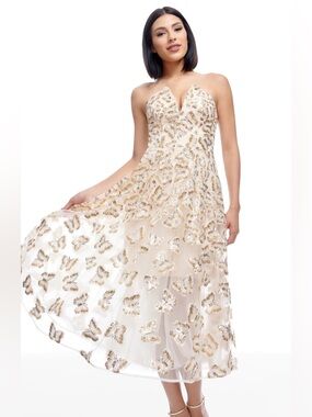 DRESS THE POPULATION•Sequin gold butterfly tulle strapless dress